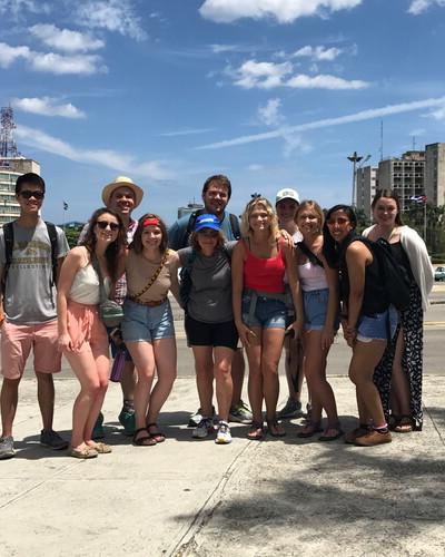 Students visit the iconic Revolution Square in Havana, Cuba.