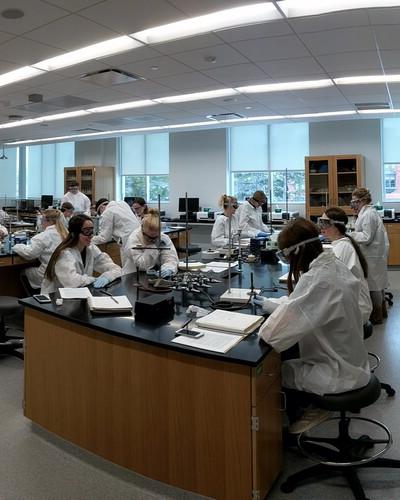 Chemistry students use a lab for the first time in Acklie Hall.